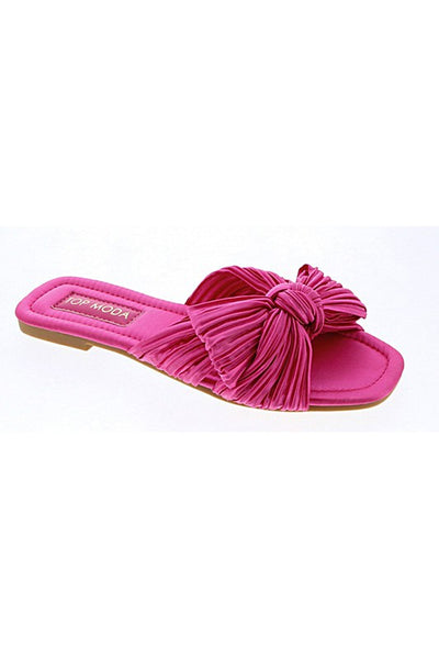 pleated satin bow slide - hot pink