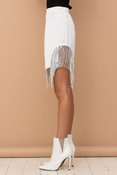 satin sequin fringe skirt - white