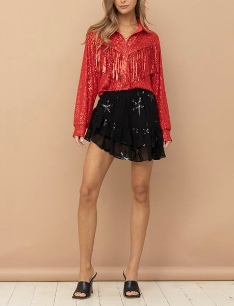 chiffon star sequin asymmetrical mini skirt // black
