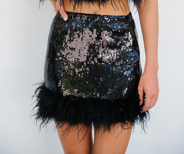 Judith March black sequin feather mini skirt