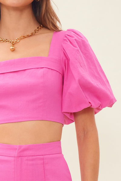 linen puff sleeve crop top & skirt set - hot pink