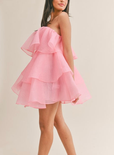 pink puff strapless tulle dress