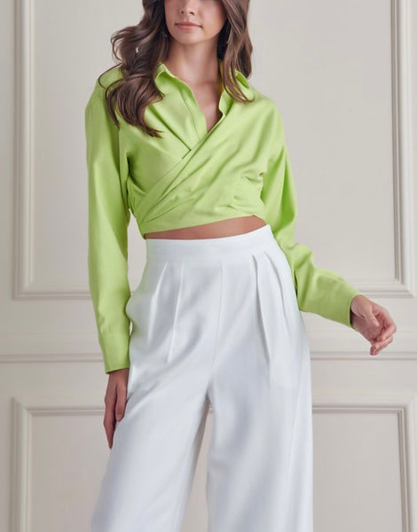 satin wrap front collared top - lime