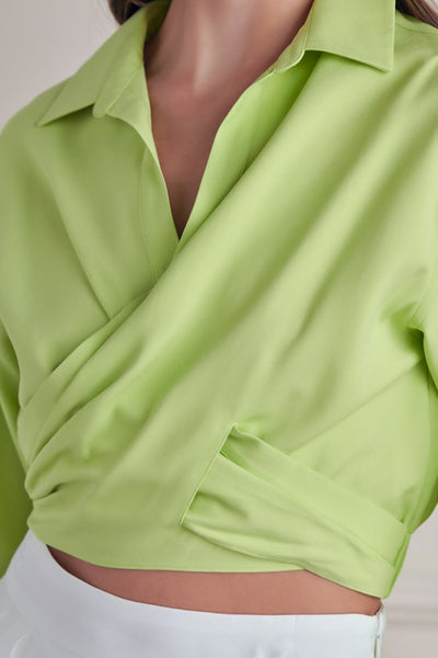 satin wrap front collared top - lime