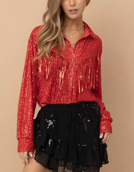 sequin fringe button up top // red