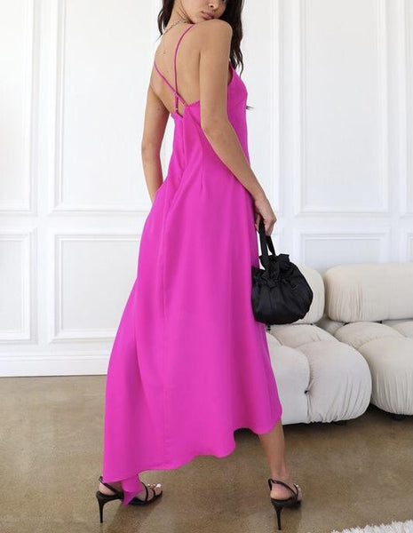 strappy asymmetrical satin dress hot pink