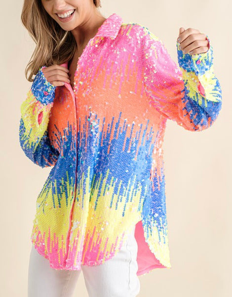 sequin wave button up top - neon multi