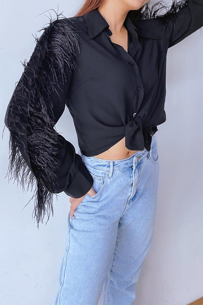 feather detail button down top black