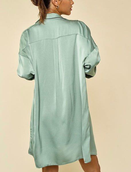 satin cami dress & long sleeve shirt set // sage