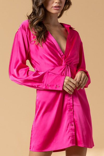 twist front satin mini dress - hot pink