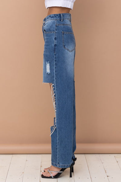 rhinestone dangle chain cutout jeans // dark wash