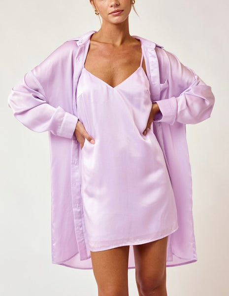 satin cami dress & long sleeve shirt set // lilac