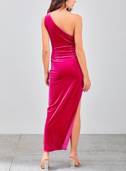 velvet one shoulder slit midi dress - deep pink
