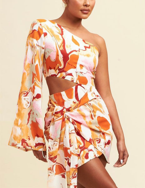 one shoulder abstract print dress - white multi