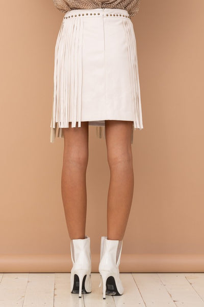 faux leather studded fringe mini skirt - white sand
