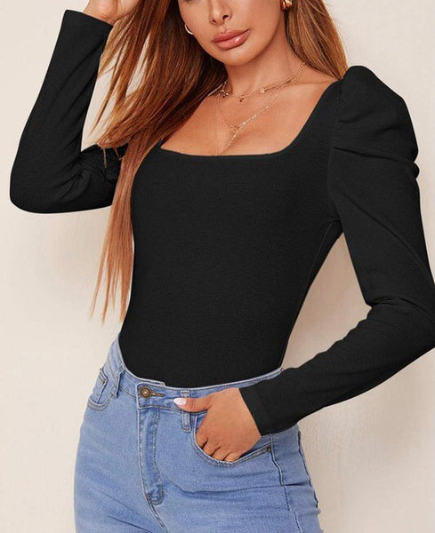 square neck ribbed puff long sleeve - black