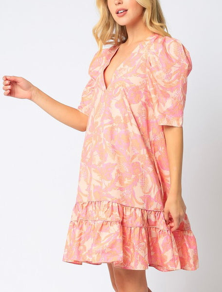 puff sleeve v neck dress - pink coral