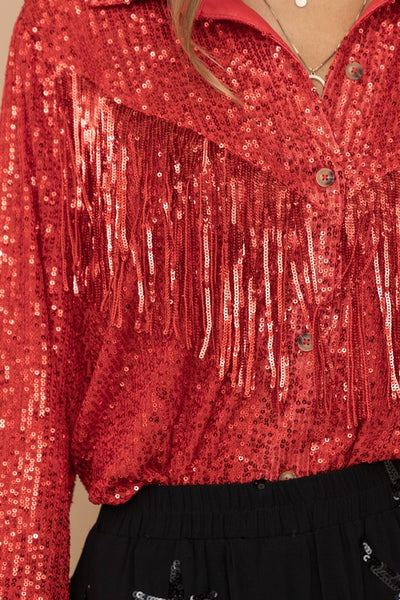 sequin fringe button up top // red