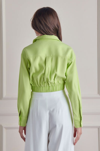 satin wrap front collared top - lime