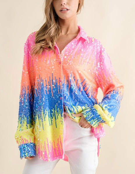 sequin wave button up top - neon multi