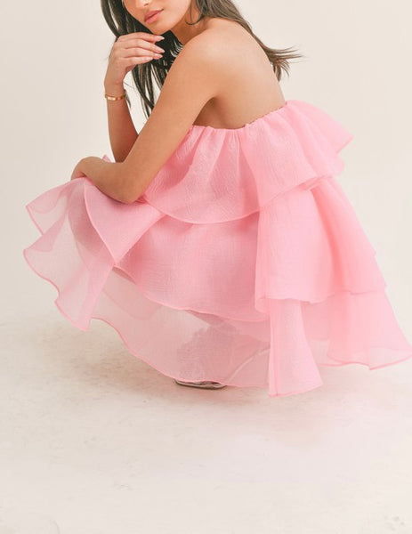 pink puff strapless tulle dress