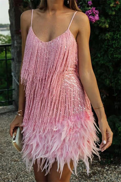 rhinestone & feather fringe dress - baby pink