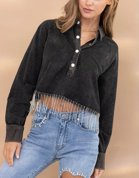 mineral wash crop French Terry rhinestone fringe pullover - black
