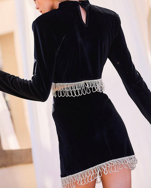 rhinestone trim velvet skirt set - black